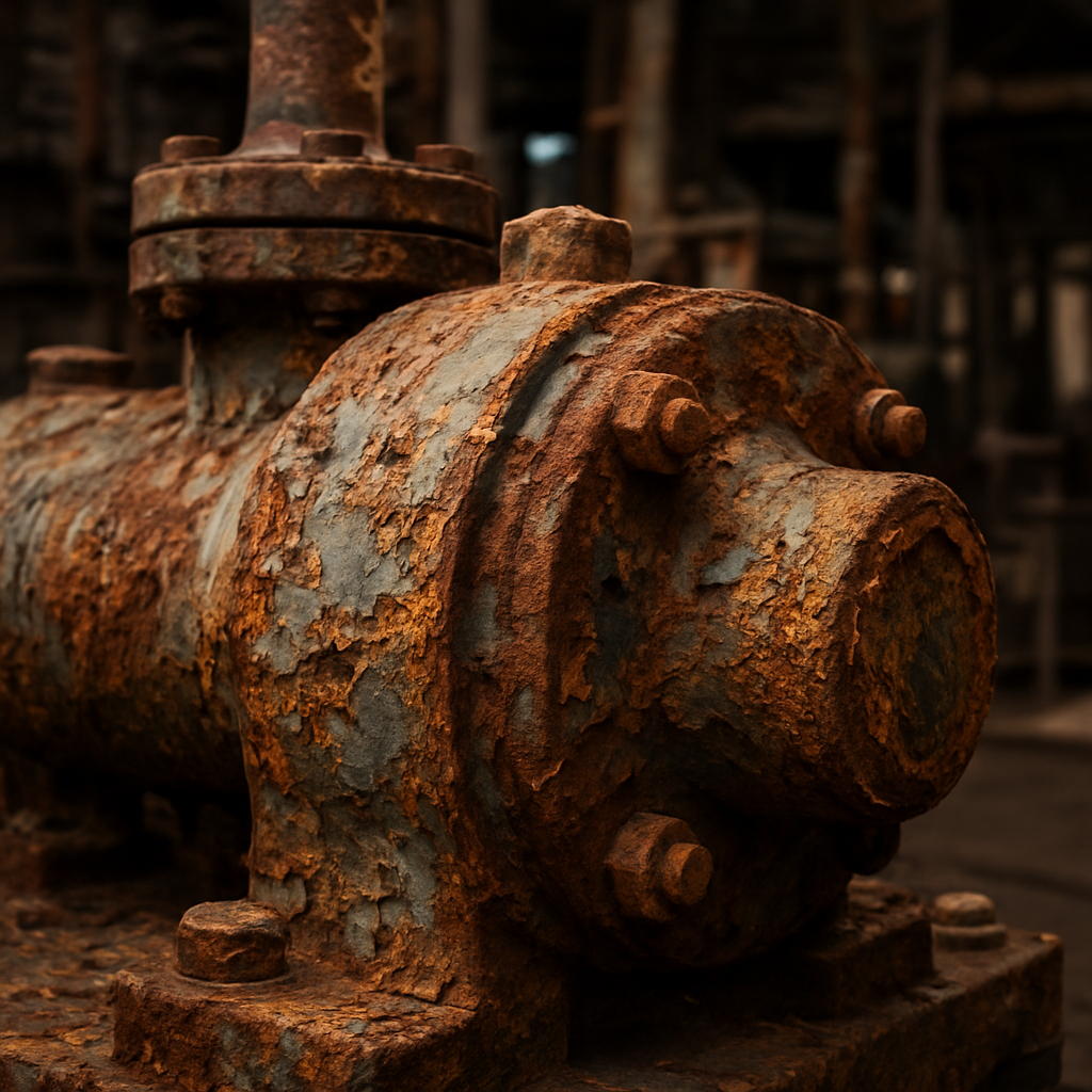 Laser rust removal stripping corrosion from an industrial metal part