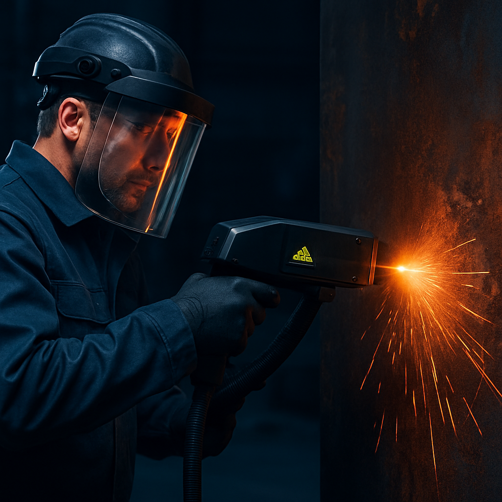 Technician using a handheld laser to remove rust from a metal surface
